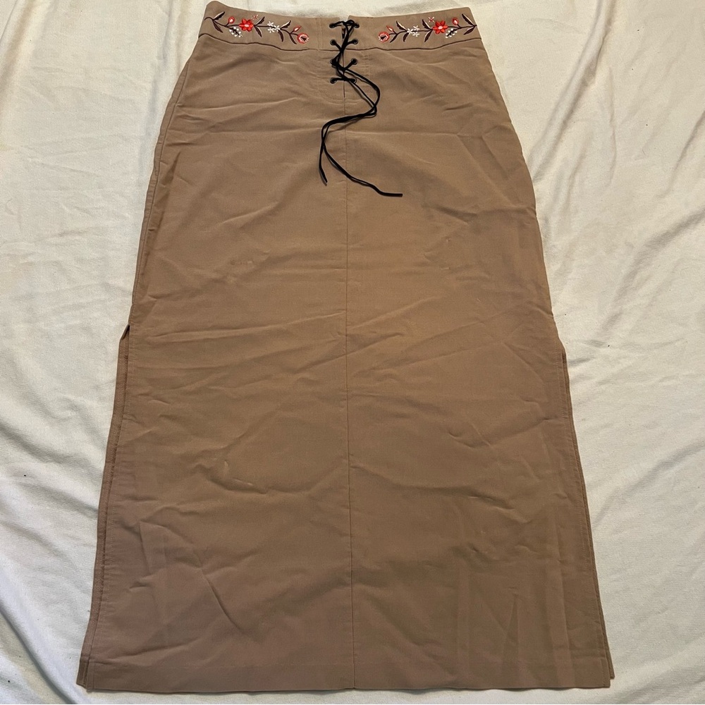 Embroidered side slit tan Maxi Skirt with front strap closure